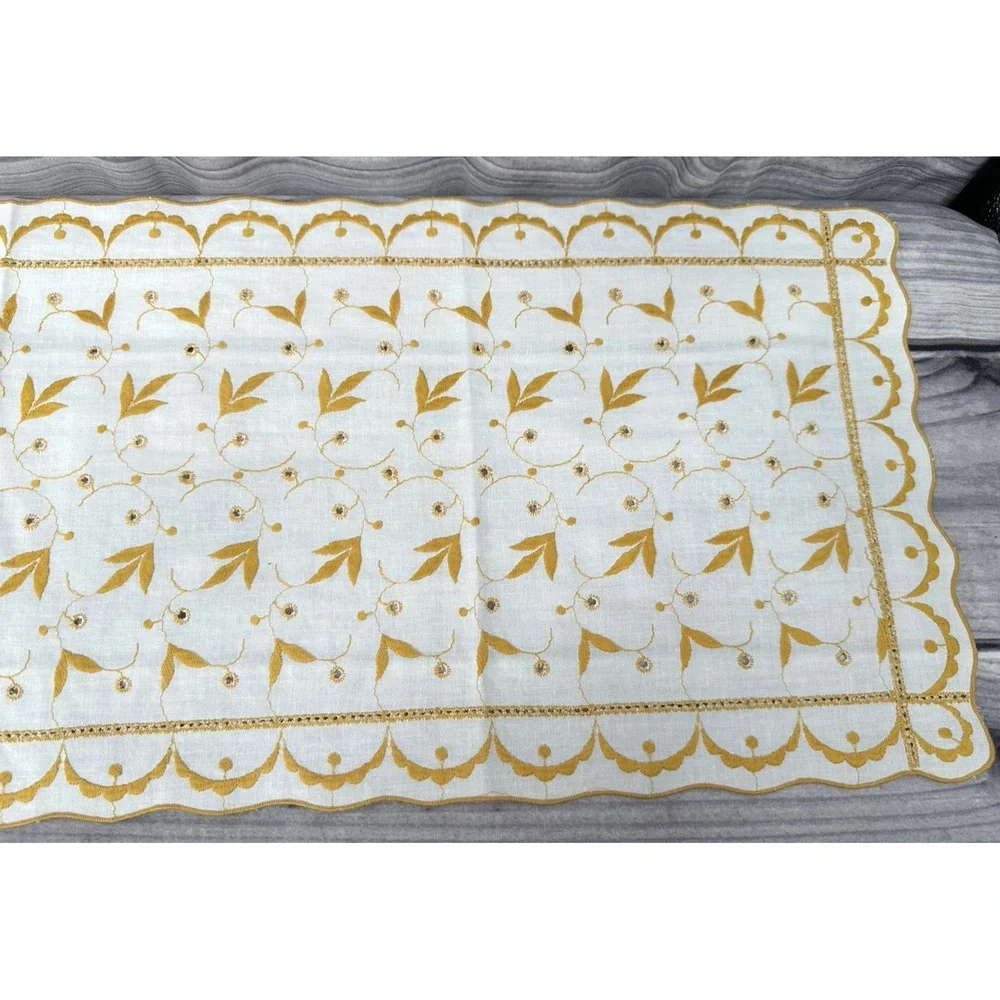 SET OF 2 VINTAGE EMBROIDERED EYELET TABLE / DRESSER SCARF - YELLOW GOLD‎    *15
